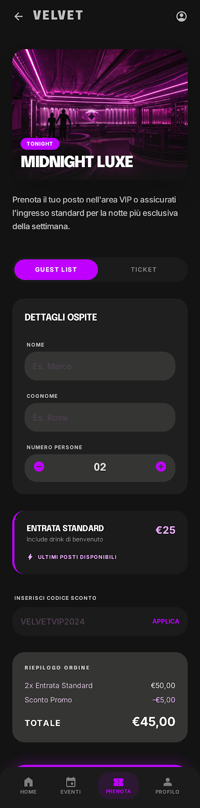 Schermata 6 — esempio app discoteca