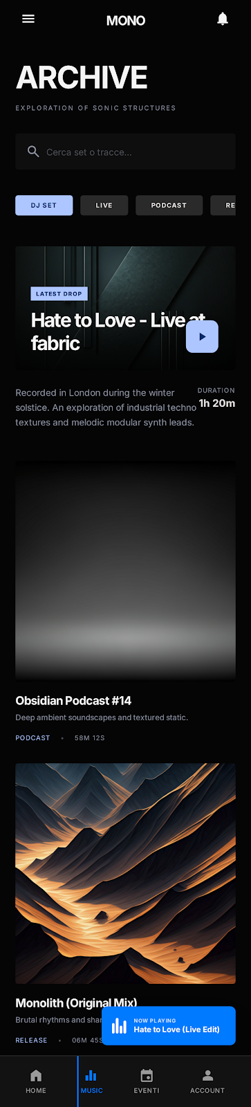 DJ set e musica — esempio app DJ