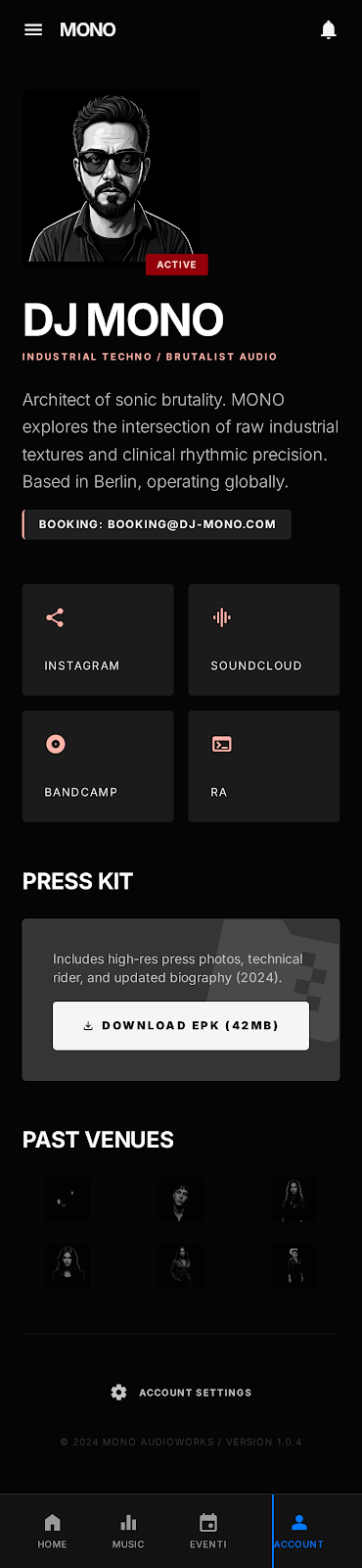 Profilo e contatti — esempio app DJ
