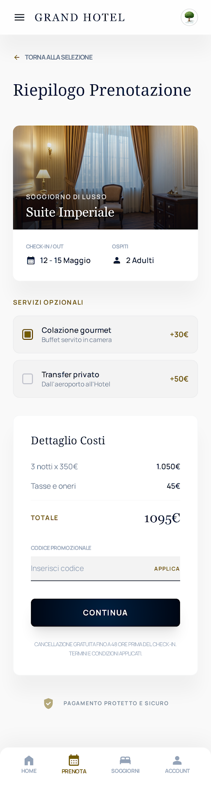 Riepilogo prenotazione — esempio app Grand Hotel