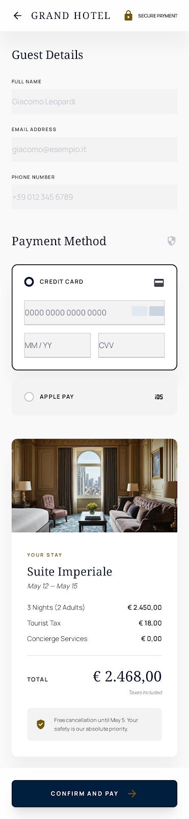 Pagamento — esempio app Grand Hotel
