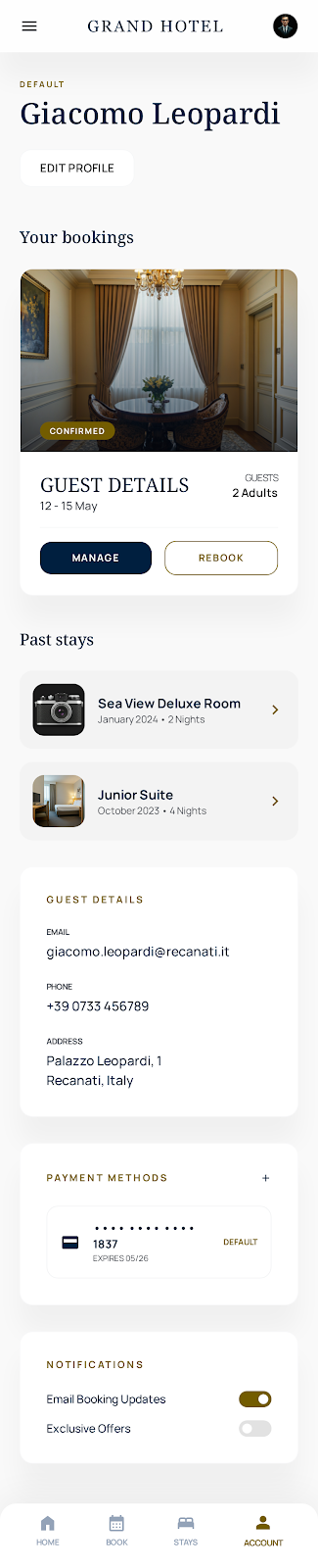 Profilo ospite — esempio app Grand Hotel
