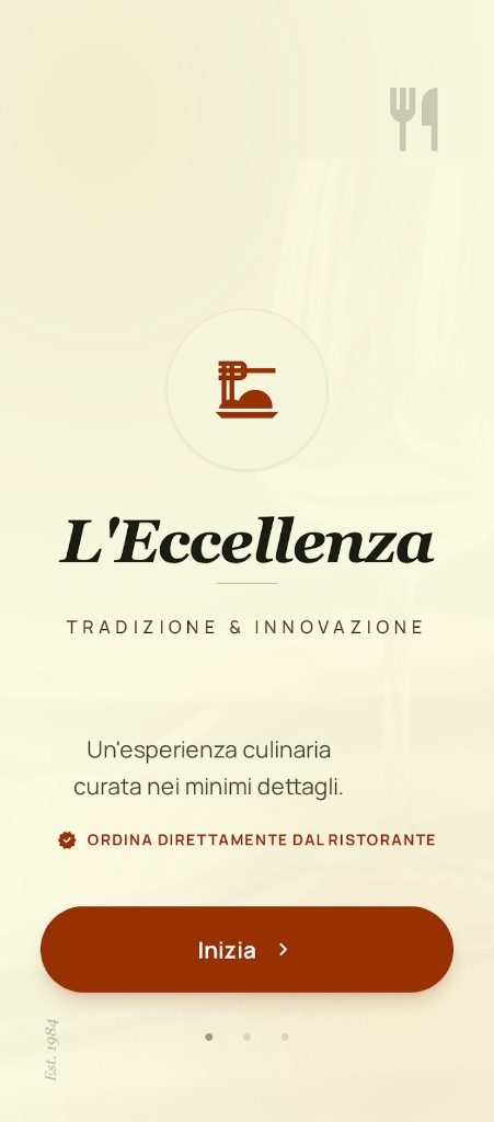 Schermata di benvenuto — esempio app ristorante L’Eccellenza