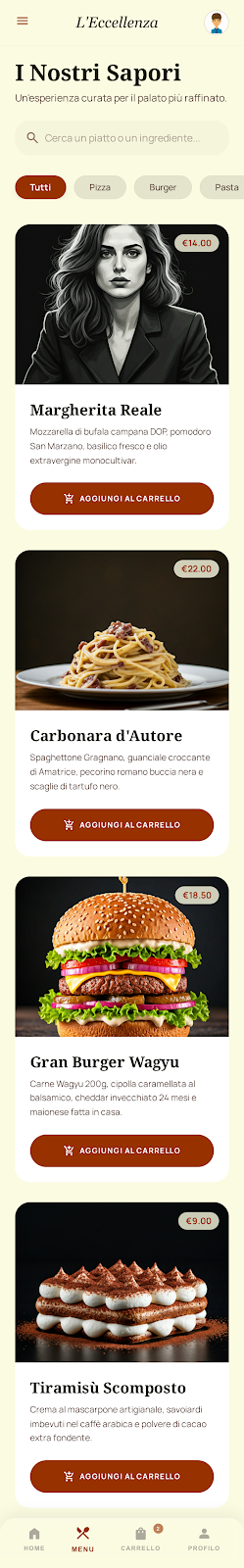 Menu «I nostri sapori» — piatti, ricerca e carrello — esempio app L’Eccellenza
