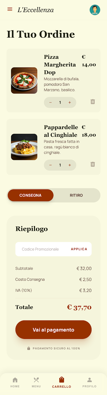 Schermata 5 — esempio app ristorante L’Eccellenza